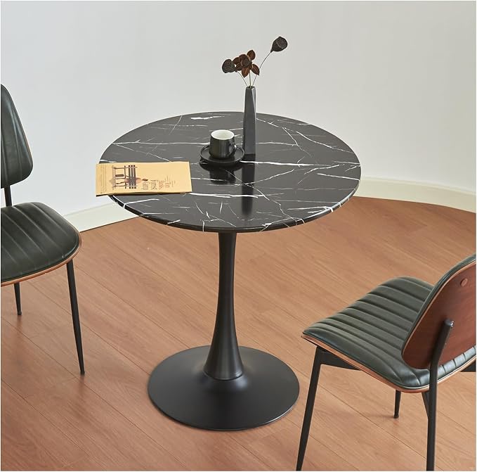 Round Dining Table, 24" Circle Tulip Table with Thickened Tabletop & Metal Pedestal, Mid Century Modern Bistro Table for Kitchen, Small Places, Living Room, Cafe (Faux Marble Black)