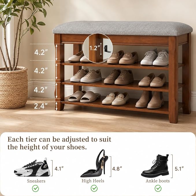 Solid Wood Shoe Bench with Storage, Flip-Top Soft-Close Lid, Adjustable Shelves, Cushioned Entryway Shoe Rack Organizer, 31.5”