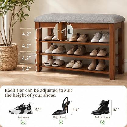 Solid Wood Shoe Bench with Storage, Flip-Top Soft-Close Lid, Adjustable Shelves, Cushioned Entryway Shoe Rack Organizer, 31.5”