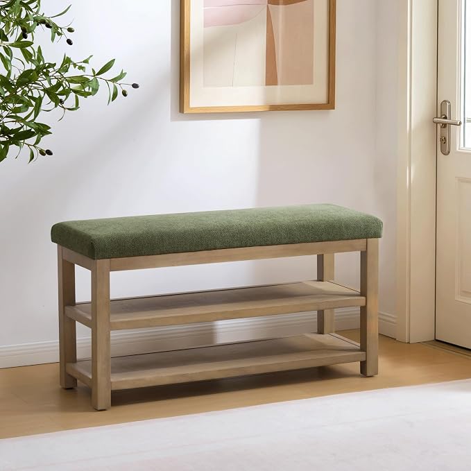 Zihanhome 2 Tier Shoe Rack Bench with Cushion, Solid Wood Shoe Benches, Mid-Century Modern Shoe Storage Bench for Entryway, Hallway, Living Room, Closet, Front Door Entrance, (Green, 39.4")