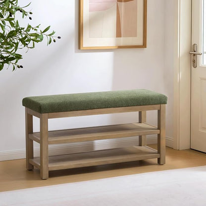Zihanhome 2 Tier Shoe Rack Bench with Cushion, Solid Wood Shoe Benches, Mid-Century Modern Shoe Storage Bench for Entryway, Hallway, Living Room, Closet, Front Door Entrance, (Green, 39.4")