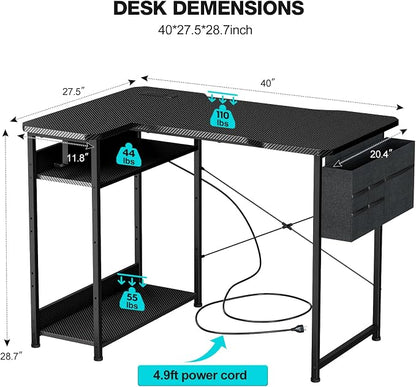 Acrolix L Shaped Gaming Desk 40 Inch - Computer Corner Desk with Power Outlets, Reversible Shelves & Storage Bag for Home Office, PC Gaming Table, Black Carbon