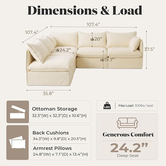 Cloud Modular Corner Sectional, Oversized Deep Seat Comfort, Luxe Chenille | Fully Removable Washable Covers, Memory Foam Seat Cushions, Premium Fabric