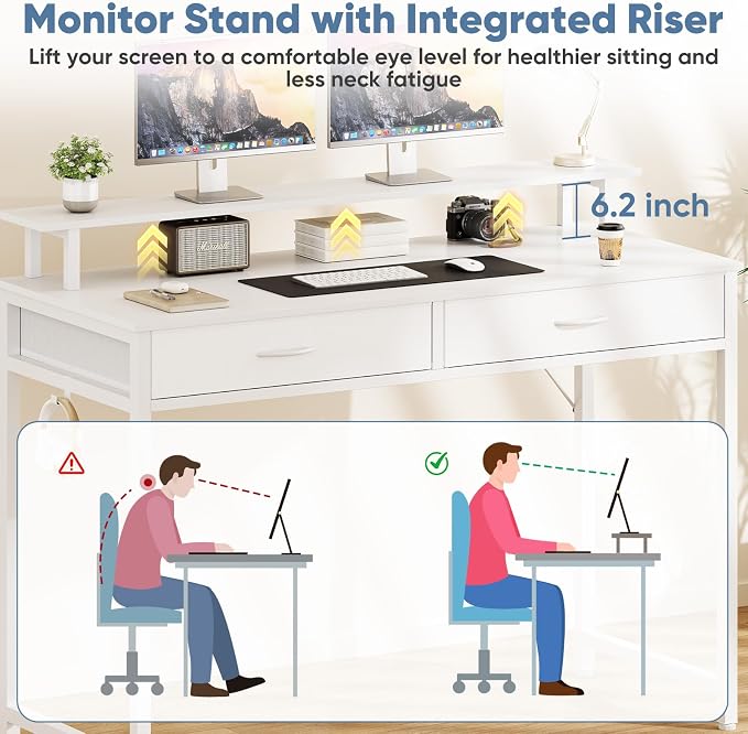 DUMOS 40 Inch Computer Desk with Monitor Stand and 2 Drawers, Small Writing Desk for Home Office with Headphone Hook, Compact Study Table for Bedroom, White