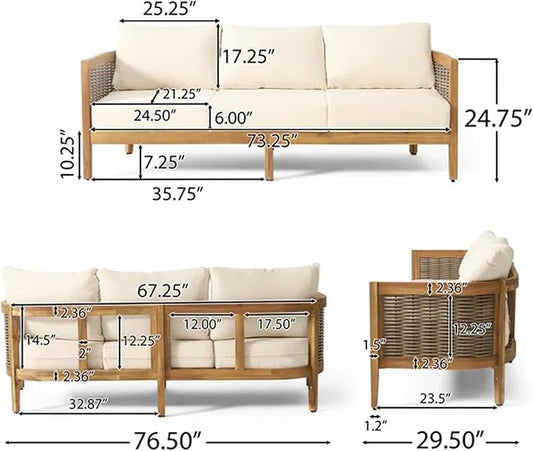 Merax 76.5" Outdoor Acacia Wood Wicker 3 Seater Sofa, Patio Furniture Couch for Backyard