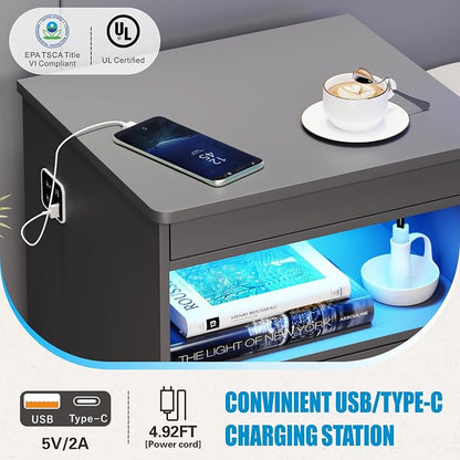 LED Night Stand with Gun Drawer, Bedside Table with Charger Station & Human Sensor Light, Modern End Table with Drawers for Bedroom Office, Grey