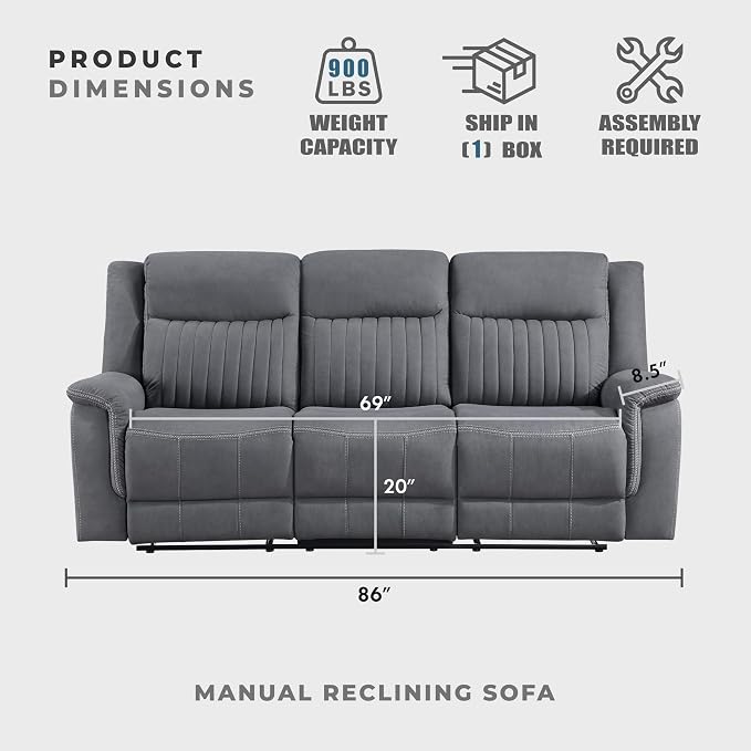 Lexicon Manual Double Reclining Sofa, Polished Microfiber Upholstered 3 Seater Manual Sofa Recliner for Living Room, Wall Hugger, Easy Assembly, Gray