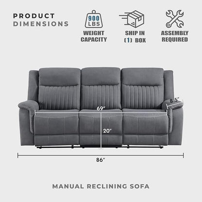 Lexicon Manual Double Reclining Sofa, Polished Microfiber Upholstered 3 Seater Manual Sofa Recliner for Living Room, Wall Hugger, Easy Assembly, Gray