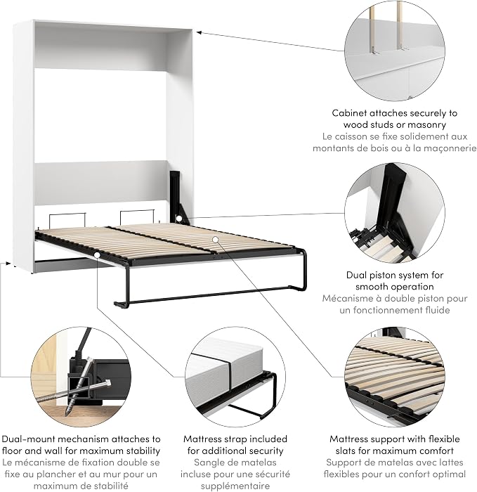 Bestar Claremont 59W Full Murphy Bed in White, Sleeping Arrangement for Multipurpose Area, Bedroom, Guest Room, or Living Room