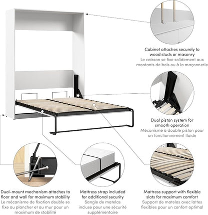 Bestar Claremont 59W Full Murphy Bed in White, Sleeping Arrangement for Multipurpose Area, Bedroom, Guest Room, or Living Room