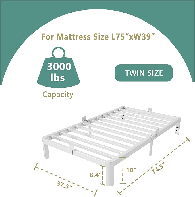 ITIMIDI 10 Inch White Bed Frame Twin Size with Metal Gaskets, Metal White Platform Bed Frame, No Box Spring Needed, Heavy Duty Steel Support 3500 LBS, Anti-Slip Mattress Stopper, Easy Assembly