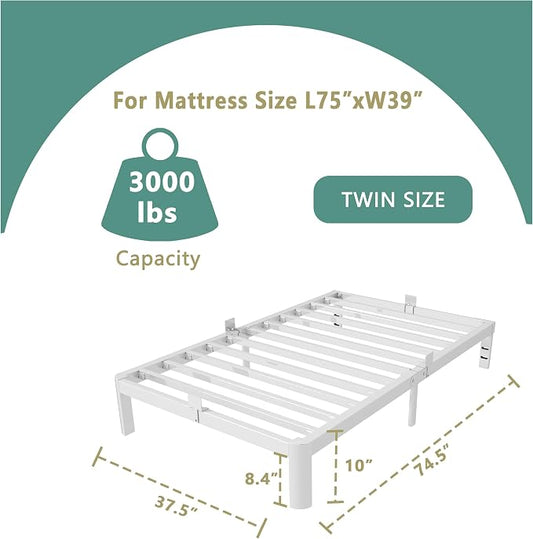 ITIMIDI 10 Inch White Bed Frame Twin Size with Metal Gaskets, Metal White Platform Bed Frame, No Box Spring Needed, Heavy Duty Steel Support 3500 LBS, Anti-Slip Mattress Stopper, Easy Assembly