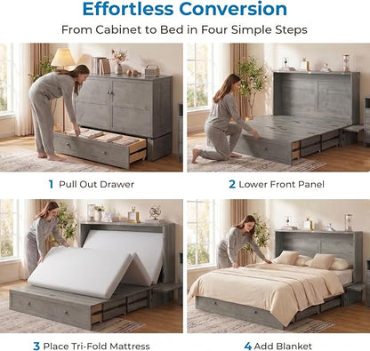 Mjkone Queen Murphy Bed Cabinet with Tri-fold Mattress, Cabinet Bed with Built-in Charging Station, Storage Drawer, Solid Wood Cabinets Bed, Cube Murphy Chest Beds for Guest Room, Home, Office, Grey