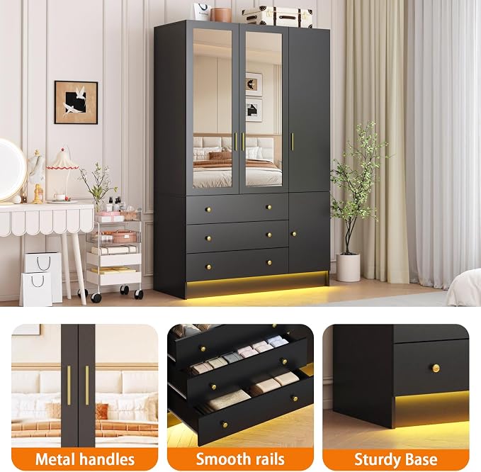 75” Tall Wardrobe Closet with 3 Doors & 3 Drawers, Modern Armoire with Mirror & LED Lights, Wooden Armoire Wardrobe Closet for Bedroom, Hanging Rod, Freestanding Clothing Storage Cabinet, Black