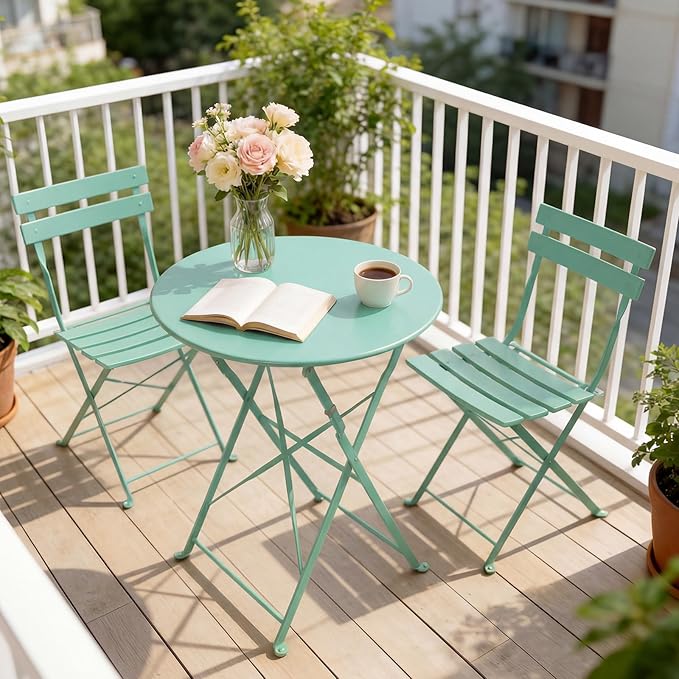 Grand patio 3-piece Steel Foldable Bistro Set, 2 Chairs and 1 Table, Weather-Resistant Outdoor/Indoor Conversation Set for Patio, Yard, Garden-Macaron Blue