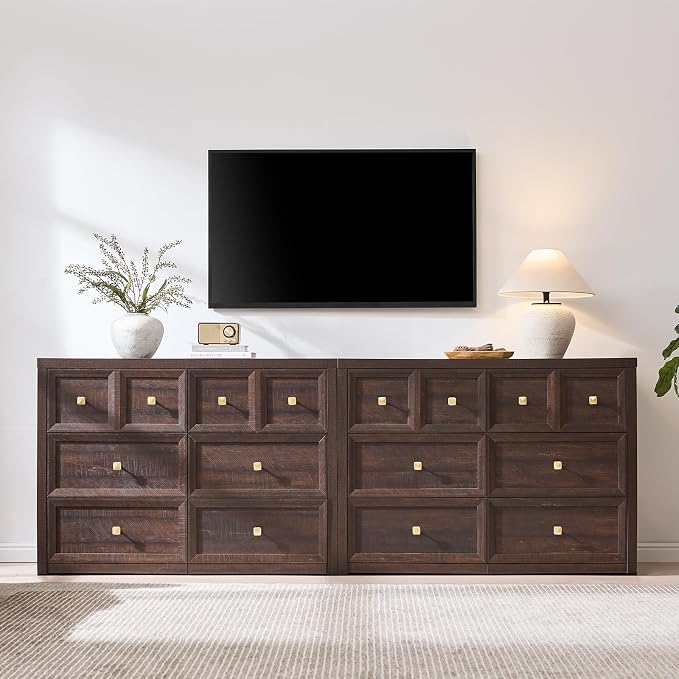 4 Piece Bedroom Set - Includes 6 Drawer Dresser, 5 Drawer Wood Dresser and 3 Drawer King Size Nightstands Set of 2 with Charging Station, 4 Piece Farmhouse Dresser and Nightstand Sets,Brown