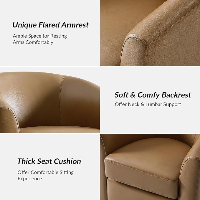 HULALA HOME Genuine Leather Swivel Barrel Chairs Set of 2, Round Swivel Accent Chairs with Solid Wood Base, Leather Barrel Accent Chair for Living Room, No Assembly Required, Camel