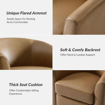 HULALA HOME Genuine Leather Swivel Barrel Chairs Set of 2, Round Swivel Accent Chairs with Solid Wood Base, Leather Barrel Accent Chair for Living Room, No Assembly Required, Camel
