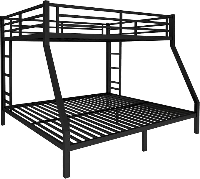 EMKK Queen Over King Bunk Bed for Adults, Metal Bunk Beds Queen Over King Size for Teens Dorm Bedroom Guest Room,Heavy Duty Bunk Beds with Ladder and Safety Full Length Guardrail (Black)