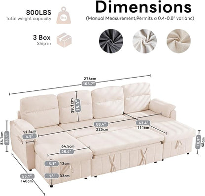 Tbfit 108'' Pull Out Sofa, Cloud Sleeper Sofa Bed with USB & 2 Storage Chaises, Comfy Oersized U Shaped Convertible Sectional Sleeper Couches for Living Room, Apartment, Office, Beige