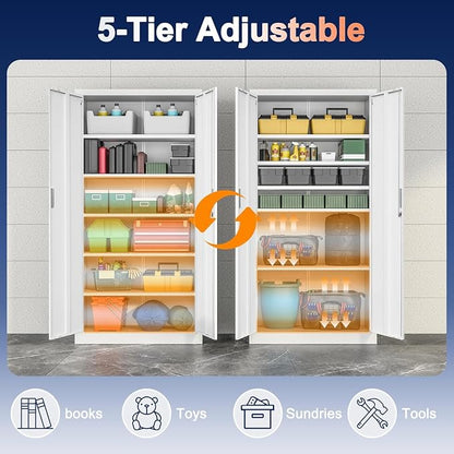 71" H Tall Metal Storage Cabinet with Lock and 5 Adjustable Shelves, Metal Garage Storage Cabinet for Home, Office, Garage, Warehouse Organize, White