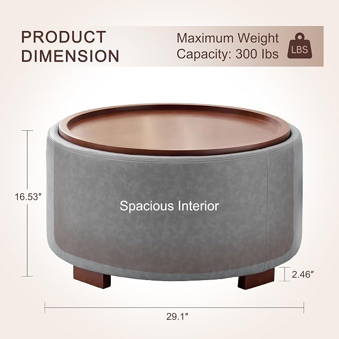 29.1 Inch Round Ottoman Coffee Table, Ottoman with Storage, Leather Grey | Storage Ottoman with Removable Lid Top, Solid Wood Legs, Round Ottoman for Living Room, Bedroom, Apartments