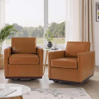 360° Swivel Accent Chairs Set of 2, 31" Wide Faux Leather Upholstered Club Armchairs for Living Room, Comfy Square Swivel Barrel Chair with Metal Base, Light Brown
