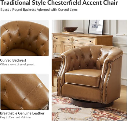 HULALA HOME Genuine Leather Swivel Accent Chair, Swivel Rocker Barrel Chair, Traditional Chesterfield Armchair with Button-Tufted Design, No Assembly Required, Camel