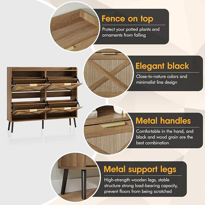 Maupvit Large Shoe Storage Cabinet with 4 Flip Drawers, Narrow Shoe Cabinet for Entryway with Wooden Legs, Freestanding Hidden Shoe Rack Organizer ＆ Metal Hinges, Rustic Oak Rattan