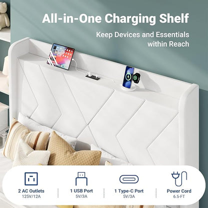 Allewie Queen Size Platform Bed Frame with Charging Station and Storage Shelf/Upholstered Velvet Wingback Headboard/Wooden Slats Support/No Box Spring Needed/Easy Assembly, White