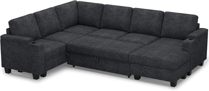 Belffin Sleeper Sofa Modular Sectional Pull Out Couch Bed U Shaped Sofa Couch for Living Room with Storage Chaise. Dark Grey