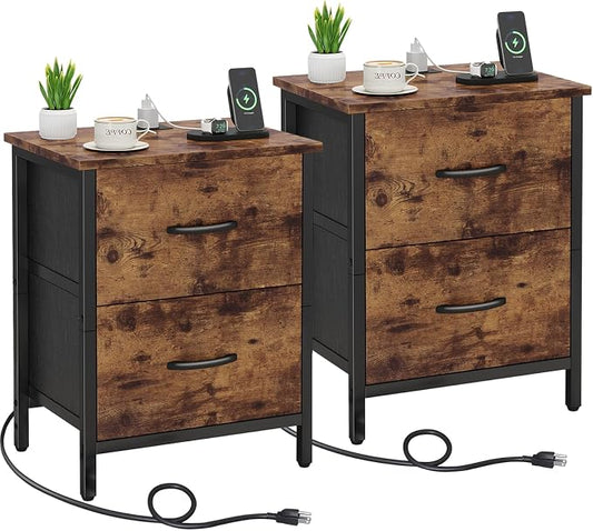 Vagusicc Nightstand Set of 2 with Charging Station, End Table Bedside Table with Power Outlet & USB Ports, Side Table with 2 Fabric Drawers for Bedroom, Living Room, Rustic Brown