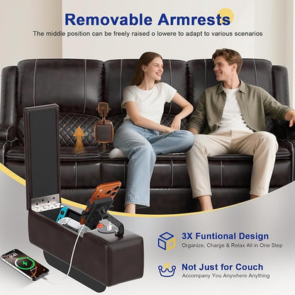 2026 Upgraded Recliner Sofa 3 Seater Couch with Recliner, Home Theater Seating with Liftable Console & Removable Armrest, Manual PU Leather Sofa Reclining with Storage & USB Ports (PU,Brown)