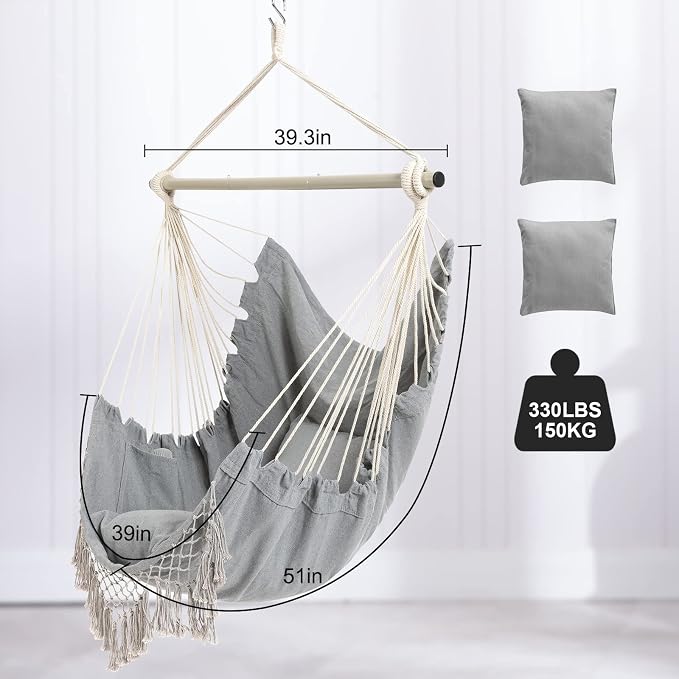 Hammock Chair, Hanging Rope Swing Seat with 2 Cushions,Macrame Hanging Chair Side Pocket with High Load-Bearing Metal Rod,for Indoor, Outdoor, Extra Comfortable