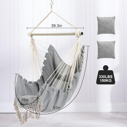 Hammock Chair, Hanging Rope Swing Seat with 2 Cushions,Macrame Hanging Chair Side Pocket with High Load-Bearing Metal Rod,for Indoor, Outdoor, Extra Comfortable