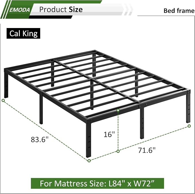 EMODA 16 Inch Black California King Bed Frames Heavy Duty Metal Platform No Box Spring Needed for Mattress Foundation, Noise Free, Easy Assembly