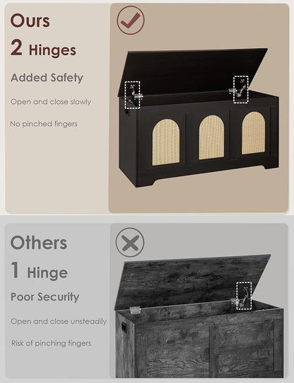 DINZI LVJ Storage Chest, 39.4" Rattan-Like Storage Box with 2 Safety Hinges, Wooden Entryway Shoe Bench with Flip-Top, Bedroom, Easy Assembly, Espresso and Natural