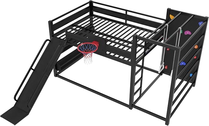 Bellemave Full Over Full Bunk Bed with Basketball Hoop, Pull-up Rings and Climbing Wall, Low Profile Bunk Bed with Slide and Bookcase, Heavy Duty Bunk Beds with Guardrail, Metal Black