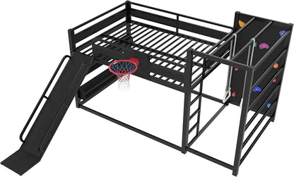 Bellemave Full Over Full Bunk Bed with Basketball Hoop, Pull-up Rings and Climbing Wall, Low Profile Bunk Bed with Slide and Bookcase, Heavy Duty Bunk Beds with Guardrail, Metal Black