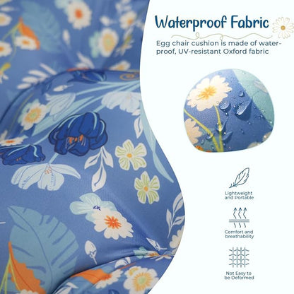Double Egg Chair Cushion Replacement for Outdoor Patio Hanging Basket Egg Chairs, 59x43 Inch Thickened 100% Cotton Large Waterproof Double Eggs Swing Chair Cushions, Blue Peony