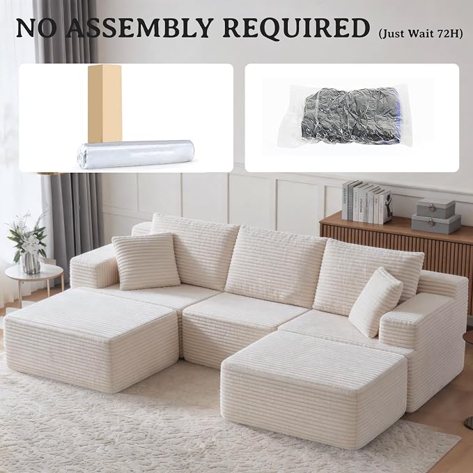 103" Modular Sectional Sofa, Comfort U Shaped Boneless Couch for Living Room, Extra Deep Seats No Assembly, Corduroy (White, 3 Seater + 2 Ottomans）