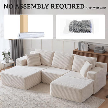 103" Modular Sectional Sofa, Comfort U Shaped Boneless Couch for Living Room, Extra Deep Seats No Assembly, Corduroy (White, 3 Seater + 2 Ottomans）