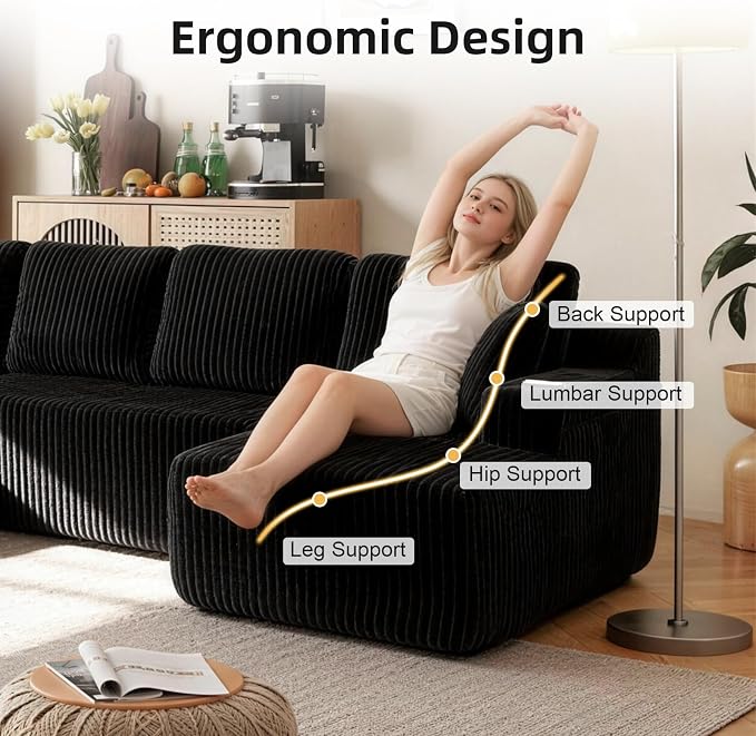 130" U-Shaped Modular Sectional Sofa with Chaise, Boneless Corduroy Flexible Module Seating for Living Room, Cloud Couch with Cup Holders and Side Pockets, No Assembly (Black)