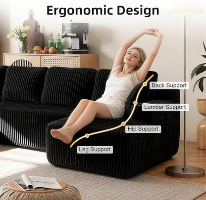 130" U-Shaped Modular Sectional Sofa with Chaise, Boneless Corduroy Flexible Module Seating for Living Room, Cloud Couch with Cup Holders and Side Pockets, No Assembly (Black)