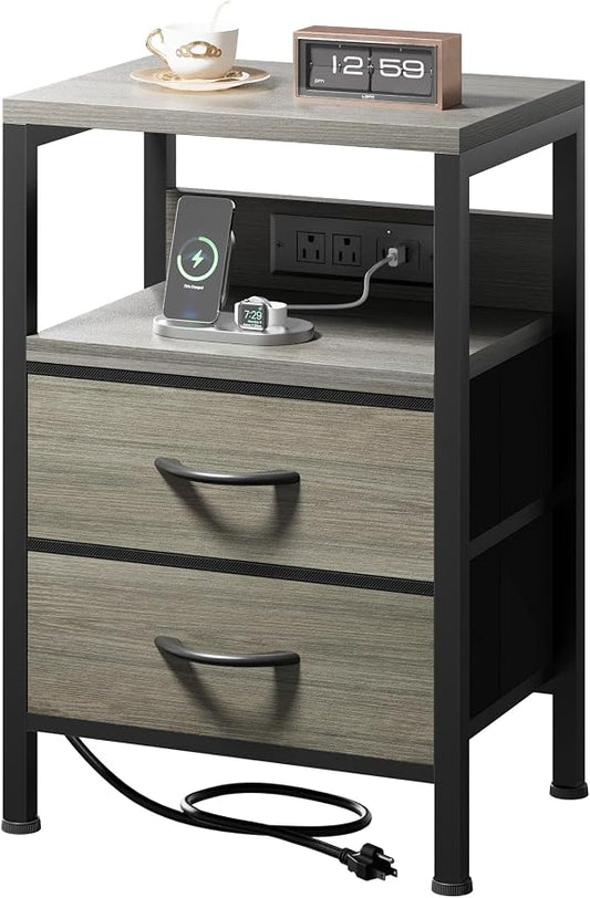 Lazzanto NightStand Bedside Charging Table Bedroom - Night Stand with Charger Station, Modern Nightstand with Open Shelf & 2 Fabric Drawers, End Table with USB-C USB Ports & AC Outlets for Dorm, Grey