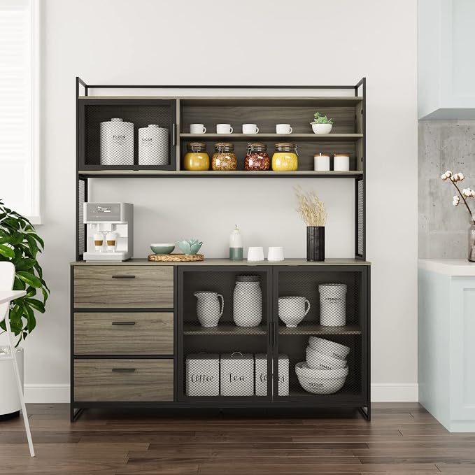AIEGLE Large Kitchen Hutch Storage Cabinet, Pantry Cabinets with Hutch, Metal Frame Cupboard with Mesh Door, Drawer & Microwave Shelf, Freestanding Kitchen Storage, Rustic (59" W x 15.7" D x 68.5" H)