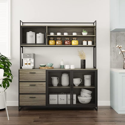 AIEGLE Large Kitchen Hutch Storage Cabinet, Pantry Cabinets with Hutch, Metal Frame Cupboard with Mesh Door, Drawer & Microwave Shelf, Freestanding Kitchen Storage, Rustic (59" W x 15.7" D x 68.5" H)