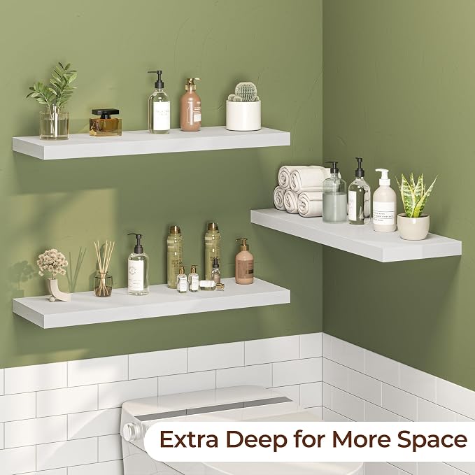 Fun Memories Floating Shelves for Wall 30 Inch Set of 3, Farmhouse Floating Shelves with Invisible Heavy Duty Bracket, 10 Inch Deep Bathroom Shelves for Storage, Living Room, Kitchen, Decor, White