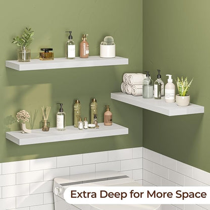 Fun Memories Floating Shelves for Wall 30 Inch Set of 3, Farmhouse Floating Shelves with Invisible Heavy Duty Bracket, 10 Inch Deep Bathroom Shelves for Storage, Living Room, Kitchen, Decor, White