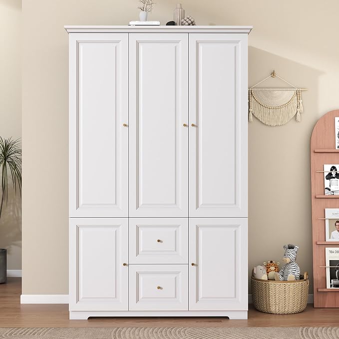 Armoire Wardrobe Closet with Drawers: 74" White Wardrobe with 2 Drawers, 3 Doors Bedroom Armoires with Hanging Rod, Tall Closet Cabinet for Hanging Clothes (47")